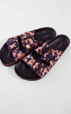 Leopard Satin Round Toe Double Buckle Flat Sandals