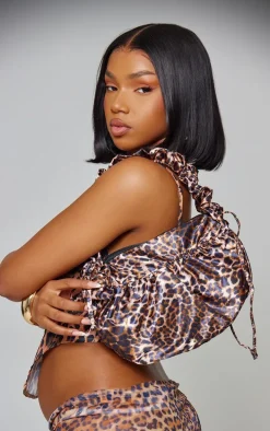 Leopard Satin Scrunched Handle Shoulder Bag