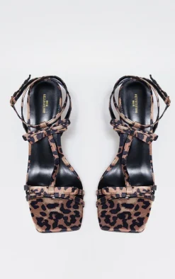 Leopard Satin Wide Fit Square Toe Bow Heeled Sandals