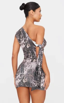 Leopard Slinky Asymmetric Tie Shoulder Mini Dress