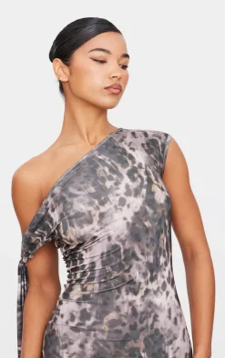 Leopard Slinky Asymmetric Tie Shoulder Mini Dress
