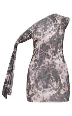 Leopard Slinky Asymmetric Tie Shoulder Mini Dress