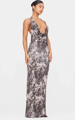 Leopard Slinky Cowl Neck Tie Shoulder Maxi Dress