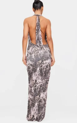 Leopard Slinky Cowl Neck Tie Shoulder Maxi Dress