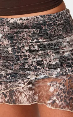 Leopard Textured Mesh Ruched Front Mini Skirt