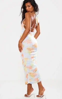 Light Blue Abstract Mesh Halterneck Ruched Maxi Dress