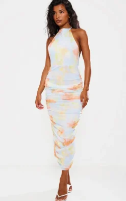 Light Blue Abstract Mesh Halterneck Ruched Maxi Dress