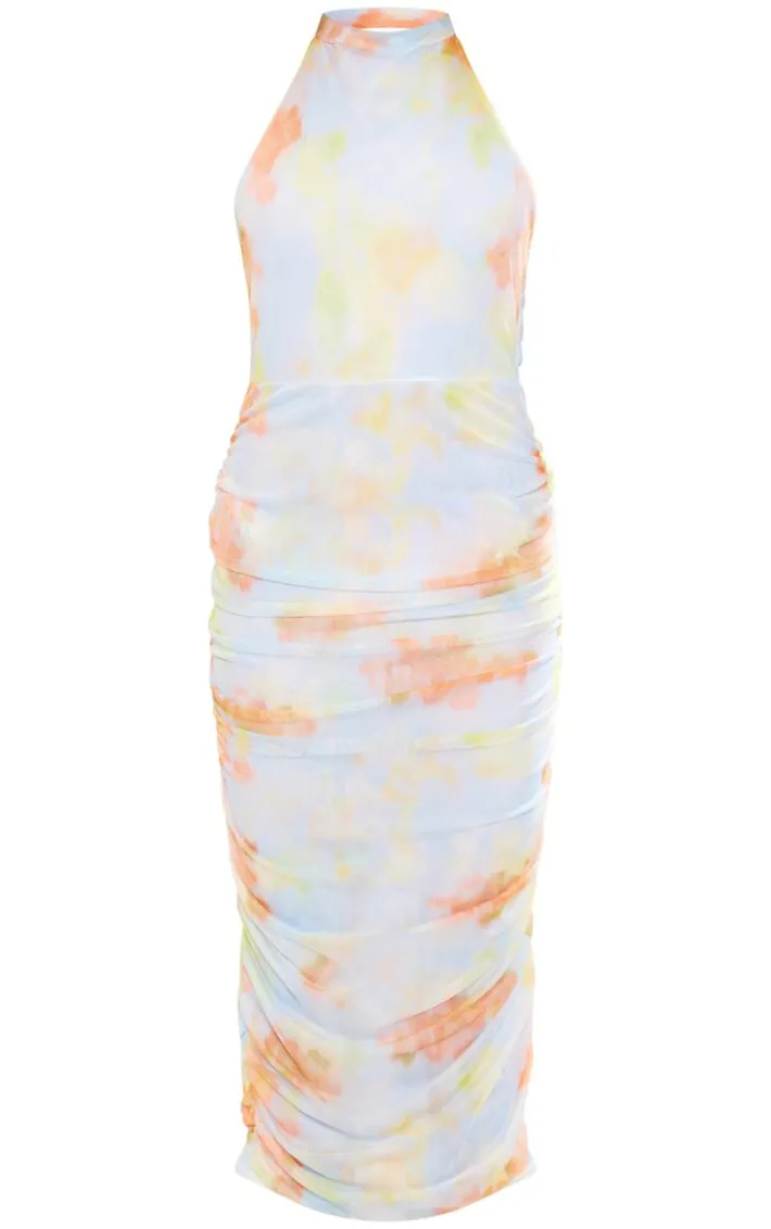 Light Blue Abstract Mesh Halterneck Ruched Maxi Dress