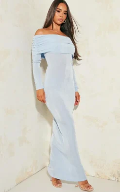 Light Blue Acetate Slinky Bardot Long Sleeve Maxi Dress