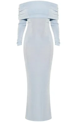 Light Blue Acetate Slinky Bardot Long Sleeve Maxi Dress