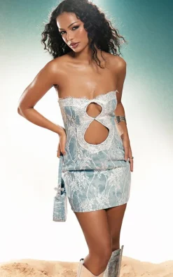 Light Blue Acid Wash Contrast Lace Bandeau Denim Mini Dress