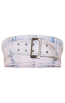 Light Blue Acid Wash Denim Buckle Detail Bandeau Top & Mini Skirt Set