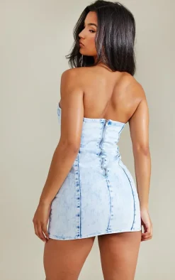 Light Blue Acid Wash Seam Detail Strapless Denim Mini Dress