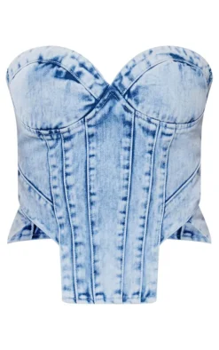 Light Blue Acid Wash Seam Detail Corset Denim Top