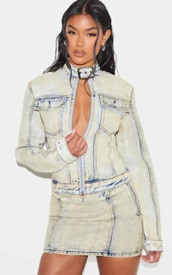 Light Blue Acid Wash Seam Detail Buckle Neck Racer Denim Jacket