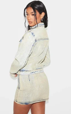 Light Blue Acid Wash Seam Detail Buckle Neck Racer Denim Jacket