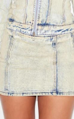 Light Blue Acid Wash Seam Detail Denim Mini Skirt