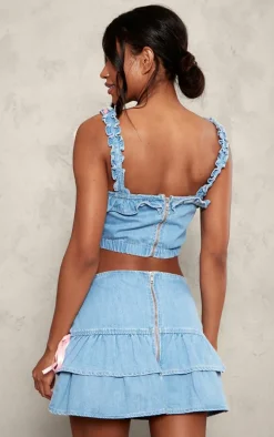 Light Blue Bow Detail Frill Sleeve Crop Top