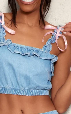 Light Blue Bow Detail Frill Sleeve Crop Top