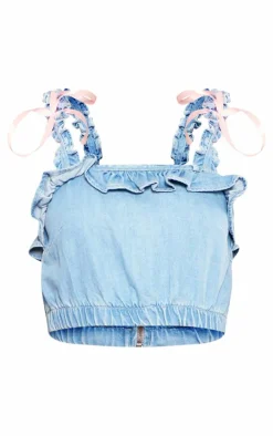 Light Blue Bow Detail Frill Sleeve Crop Top