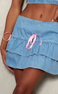 Light Blue Bow Detail Frill Denim Mini Skirt
