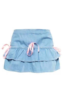 Light Blue Bow Detail Frill Denim Mini Skirt