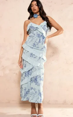 Light Blue Chiffon Floral Frill Maxi Dress