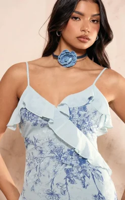 Light Blue Chiffon Floral Frill Maxi Dress