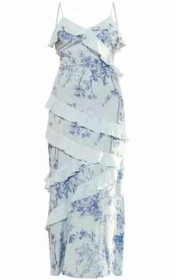 Light Blue Chiffon Floral Frill Maxi Dress
