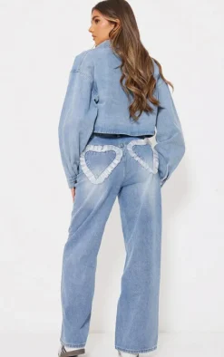 Light Blue Chiffon Heart Pocket Detail Wide Leg Jean