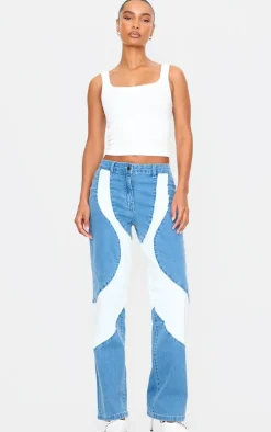 Light Blue Contrast Panel Detail Straight Leg Jeans