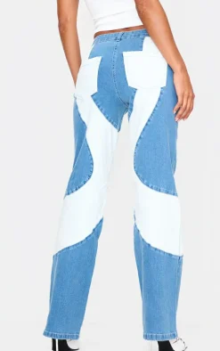 Light Blue Contrast Panel Detail Straight Leg Jeans