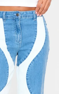 Light Blue Contrast Panel Detail Straight Leg Jeans