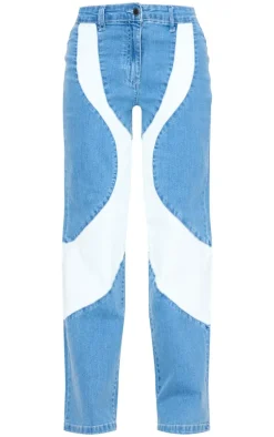 Light Blue Contrast Panel Detail Straight Leg Jeans