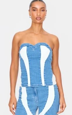 Light Blue Contrast Panel Detail Corset Crop Top