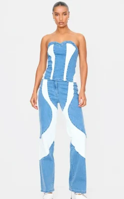 Light Blue Contrast Panel Detail Corset Crop Top