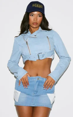 Light Blue Cropped Denim Biker Jacket