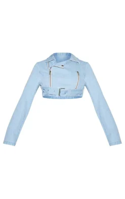Light Blue Cropped Denim Biker Jacket
