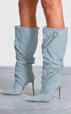 Light Blue Denim Point Toe Diamante Zip High Stiletto Knee High Boots