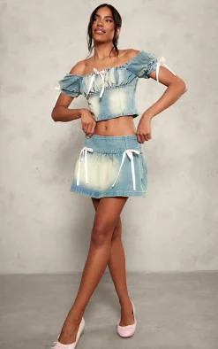 Light Blue Detail Bows Denim Mini Skirt