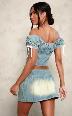 Light Blue Detail Bows Denim Milkmaid Crop Top