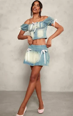 Light Blue Detail Bows Denim Milkmaid Crop Top