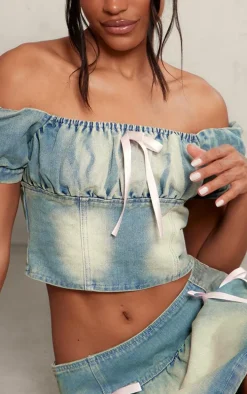 Light Blue Detail Bows Denim Milkmaid Crop Top