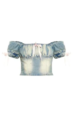 Light Blue Detail Bows Denim Milkmaid Crop Top