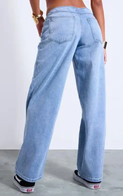 Light Blue Distressed Pocket Detail Straight Leg Jeans