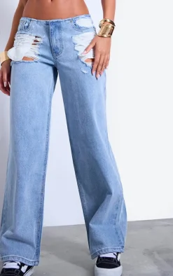 Light Blue Distressed Pocket Detail Straight Leg Jeans