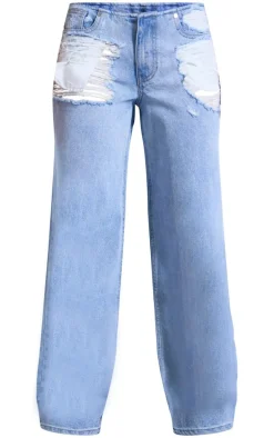 Light Blue Distressed Pocket Detail Straight Leg Jeans