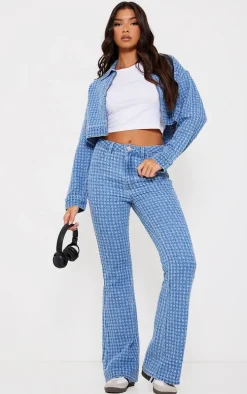 Light Blue Distressed Stripe Denim Flare Jeans