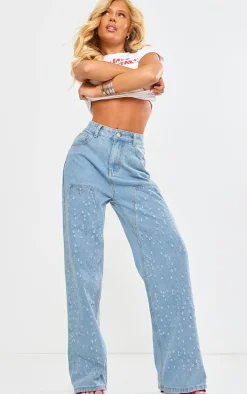 Light Blue Distressed Western Seam Detail Straight Leg Denim Jeans