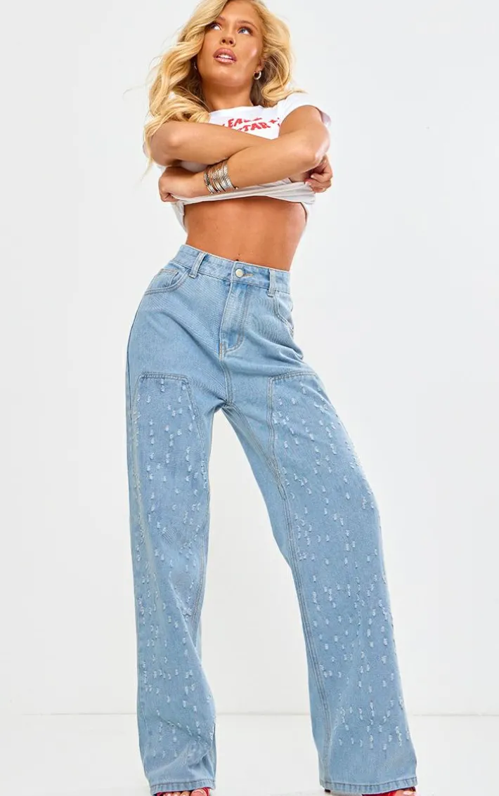 Light Blue Distressed Western Seam Detail Straight Leg Denim Jeans